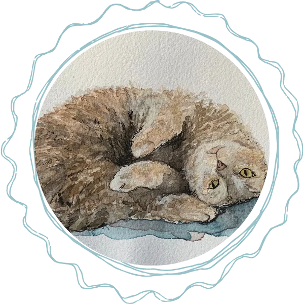 A watercolor-style illustration of a curled-up brown cat